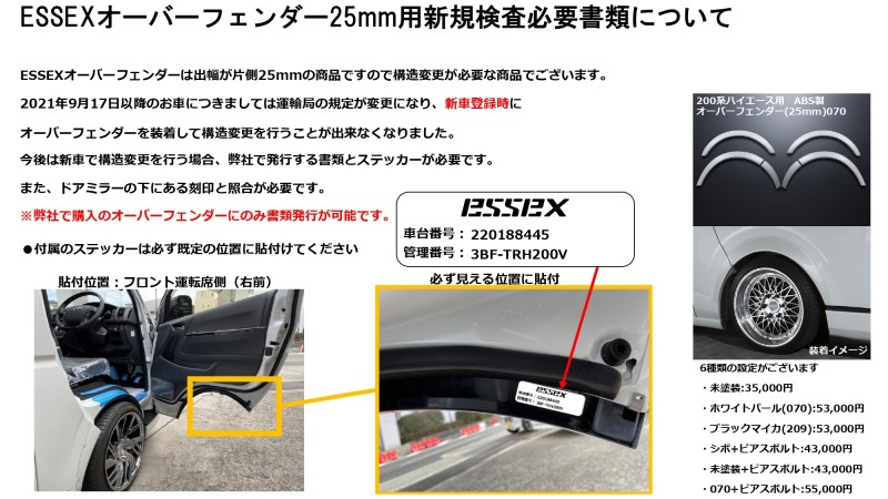 エセックス(ESSEX/CRS)オーバーフェンダーABS製 未塗装 200系